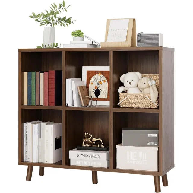 HOERFURIY Vakkenkast met 6 Vakken - Open Boekenkast - Modern Opbergrek voor Woonkamer, Slaapkamer of Kantoor - Vrijstaand - Houtlook / Naturel
