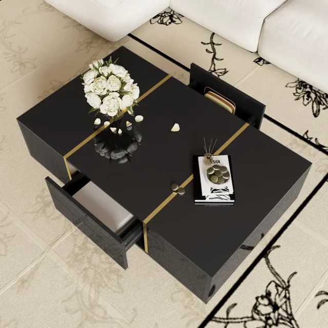 MODENUIT Salontafel - Hoogglans Met 2 Laden Voor Woonkamer - MDF Zwart Met Goudkleurige Details - 100x60x41,5 cm