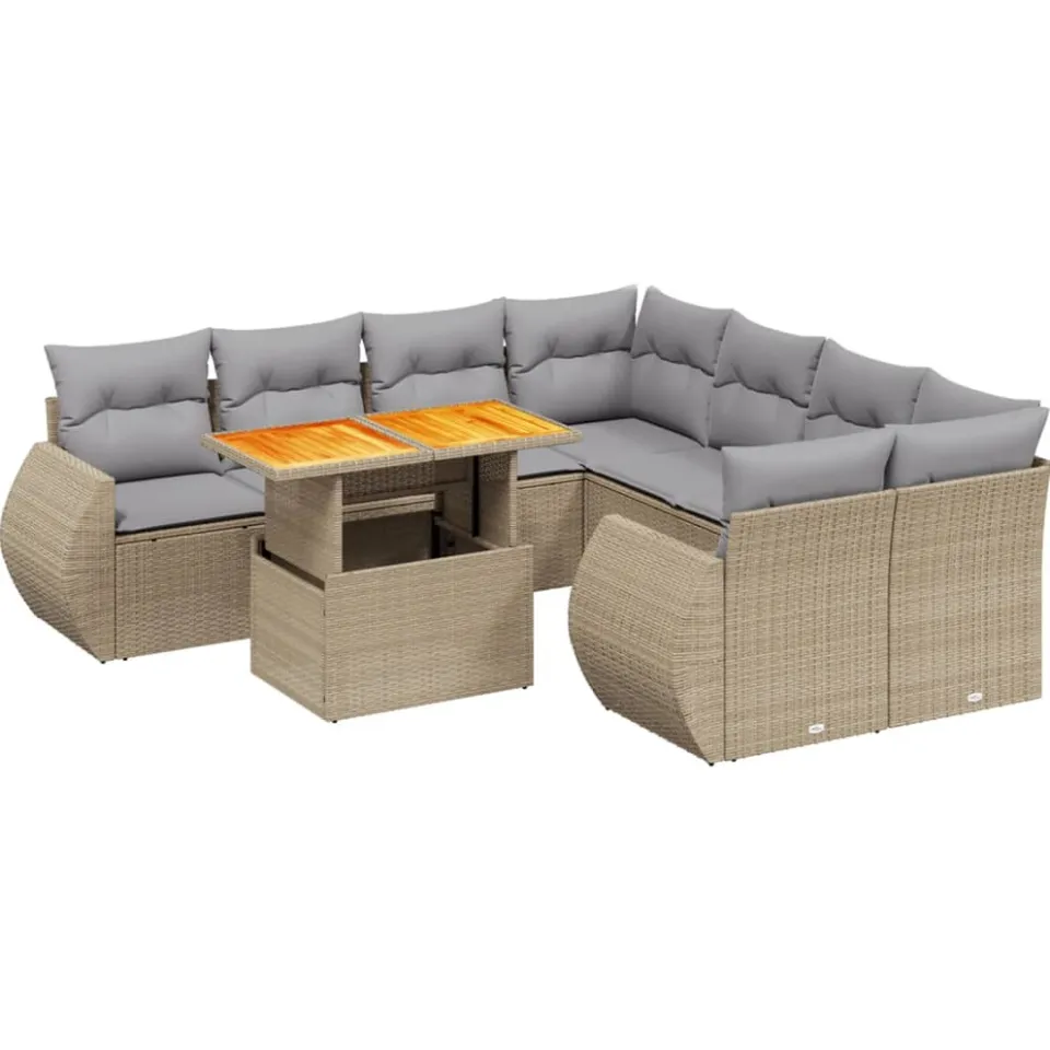 vidaXL 9-delige Loungeset met kussens poly rattan beige, foto 3