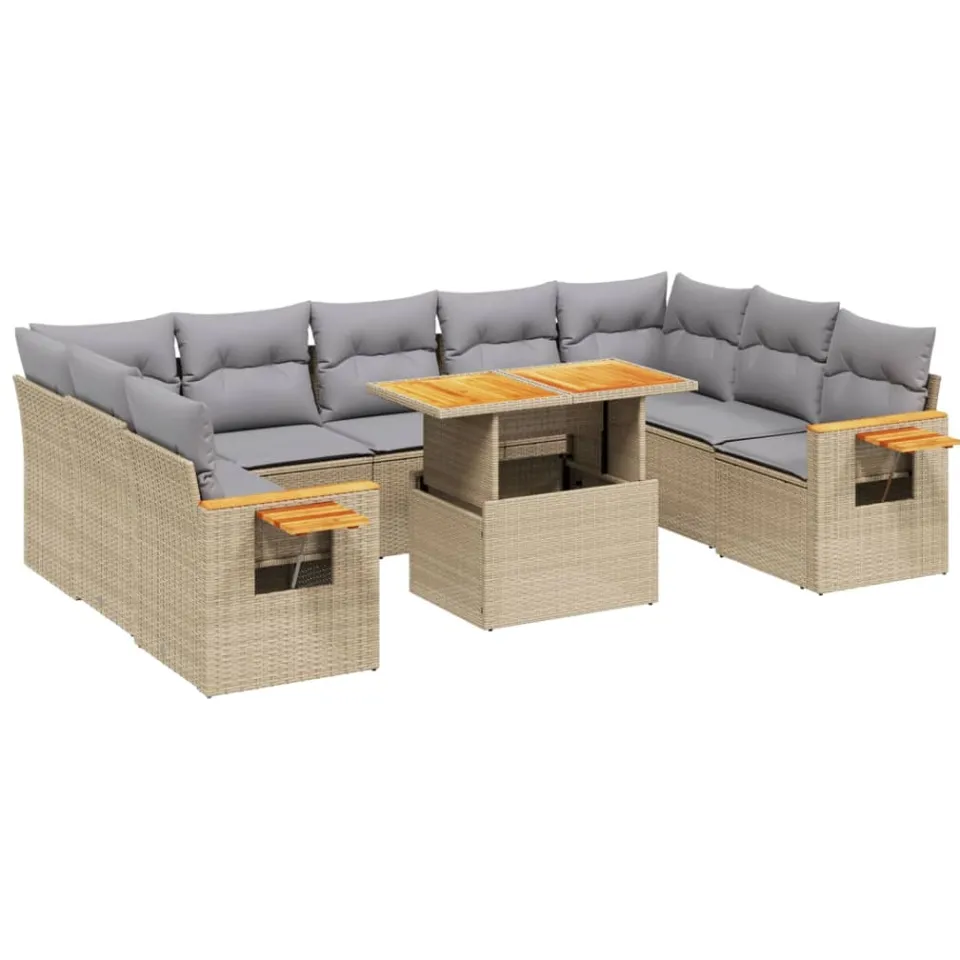 vidaXL 10-delige Loungeset met kussens poly rattan beige, foto 3