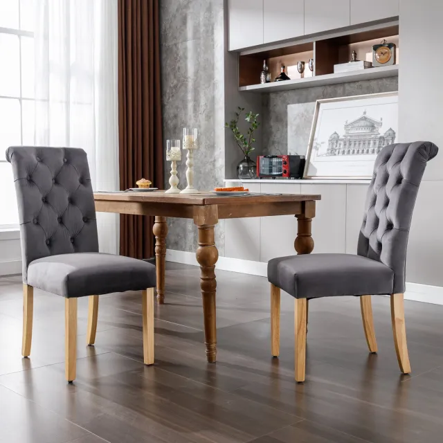 MUVANO Grijze fluwelen eetkamerstoelen - Eetkamerstoelen set van 2 - Moderne keukenstoelen - 63x43x100 cm - Gecapitonneerd - Woonkamer Grijs
