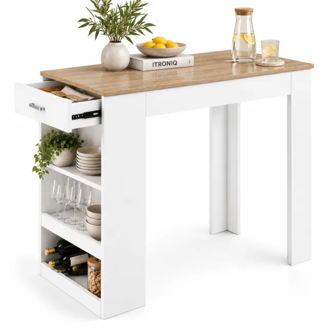 ITRONIQ Bartafel Met Opbergruimte - 100x50x100 CM - Keukeneiland - Met Lade Wijnrek en Planken - Bistrotafel Keuken - Wit Hout