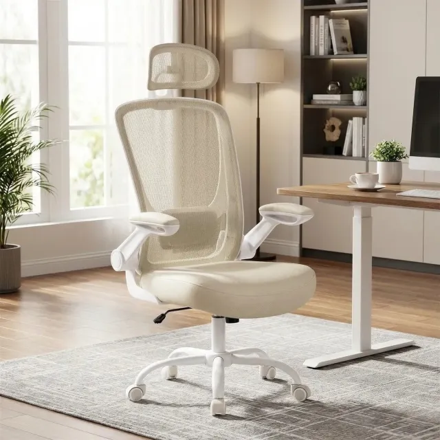 Songmics Bobbel Home Ergonomische Bureaustoel - Gevoerde Lendensteun - Wipfunctie - Zitting 53 cm - Opklapbare armleuningen - Cappuccino Beige