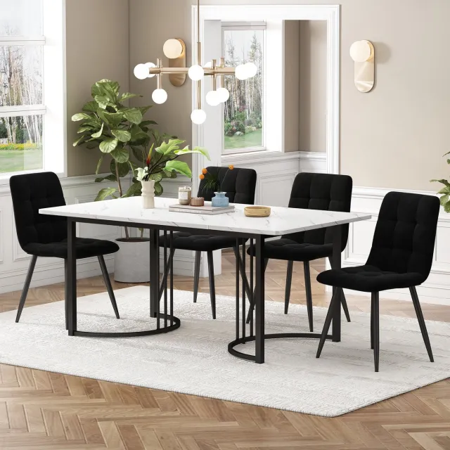 MIVRAY Eettafelset - Tafel Met Marmerpatroon En 4 Fluwelen Stoelen - Voor Eetkamer En Keuken - MDF Wit - 140x80x75 Cm
