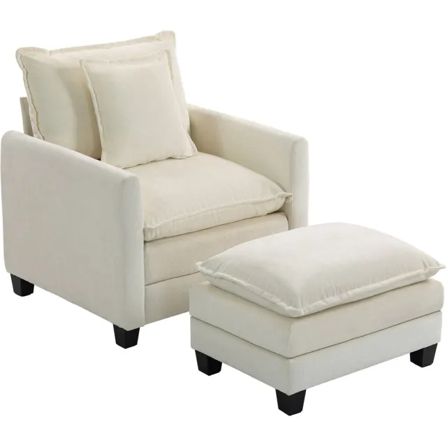 Hoohohoo Fauteuil met voetenbankje - Met hoofd- en armleuningkussens - Houten poten - Crème