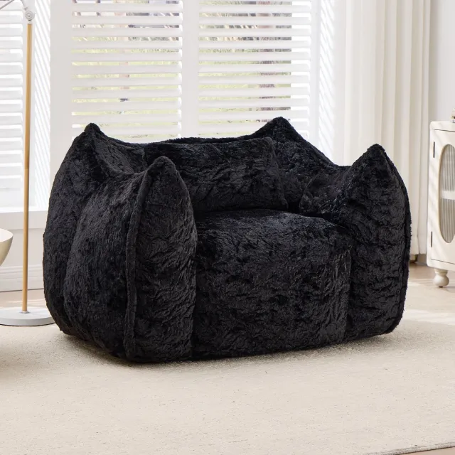 Vankel Zitzak Fauteuil van Imitatie Konijnenbont - Ergonomische Rugleuning - Gevuld met Hoogwaardig Versnipperd Schuim - Zachte Loungestoel voor Woonkamer en Slaapkamer - Max. Belastbaar tot 200 kg-Zwart