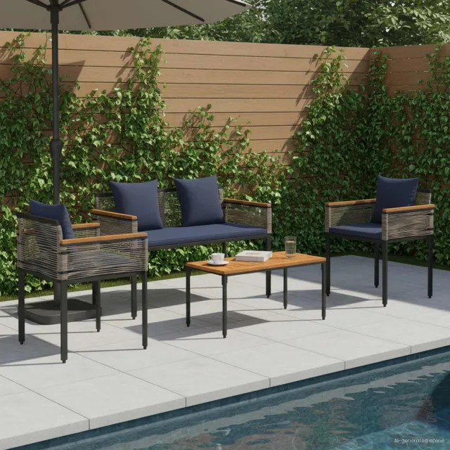 vidaXL Buitenmeubelset met kussen Grijs en Marineblauw poly rattan, foto 2