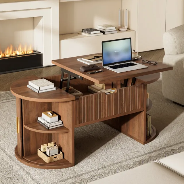 HAUSS SPOLE Salontafel - In Hoogte Verstelbaar Met Schuifdeuren En Open Vakken - Voor Woonkamer En Thuiswerkplek - MDF - 100x50x40,5 Cm - Noten Notenhout