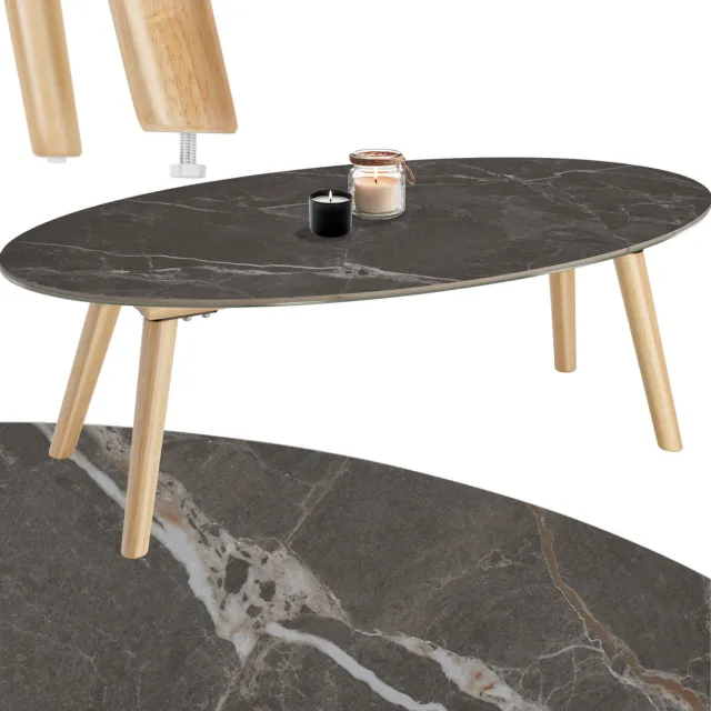 Tectake Salontafel | Woonkamertafel, Ovale Salontafel met Houten Poten | Marmerlook | Weerbestendige Bijzettafel voor Woonkamer, Terras, Tuin of Balkon - naturel zwart