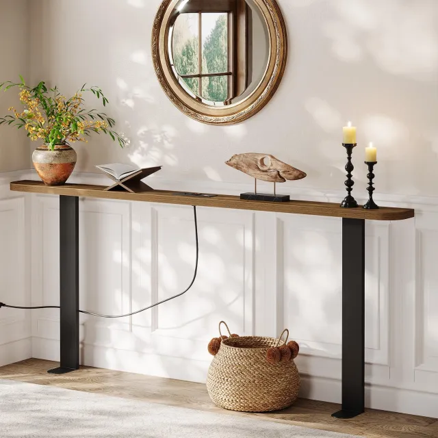 Little Trees LITTLE TREE Consoletafel Achter De Bank - 180 X 15 X 82 cm - Smal Model - Met Stopcontacten - Bruin