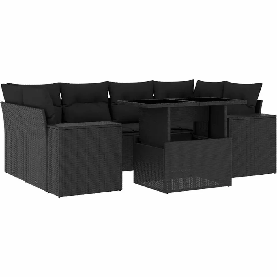 vidaXL 7-delige Loungeset met kussens poly rattan zwart, foto 3