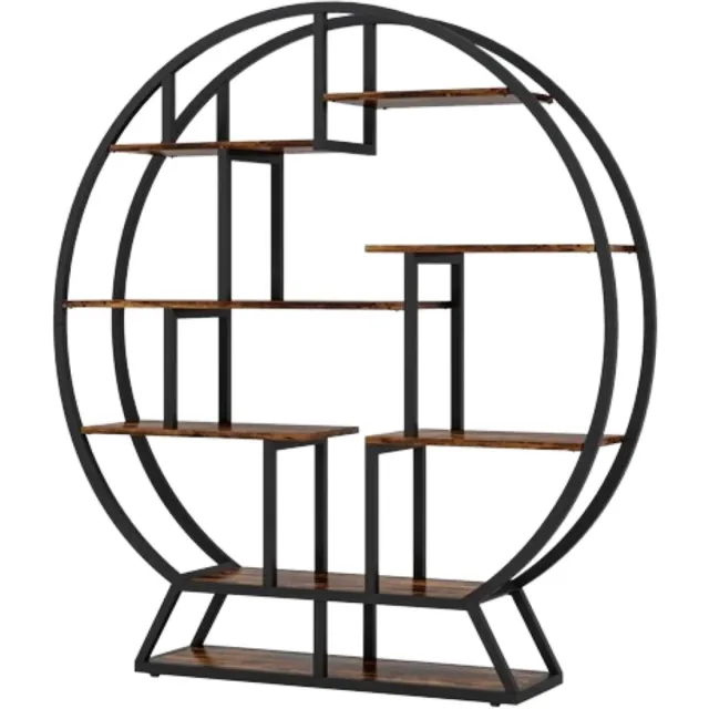 DMG Supply Ronde Boekenkast - Open Kast en Boekenrek met 8 Planken - Industrieel - Bruin/Zwart - 150 x 30 x 158 cm