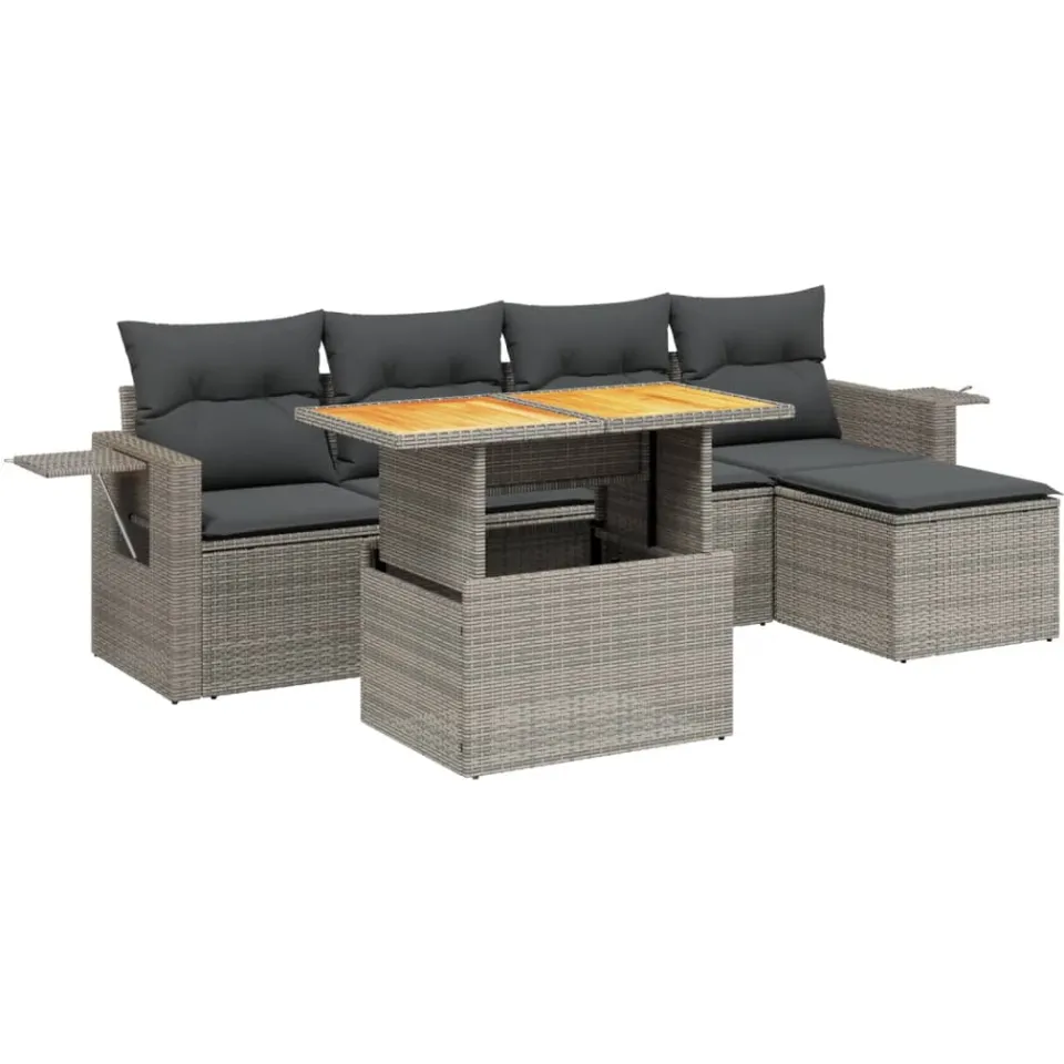 vidaXL 6-delige Loungeset met kussens poly rattan grijs, foto 3