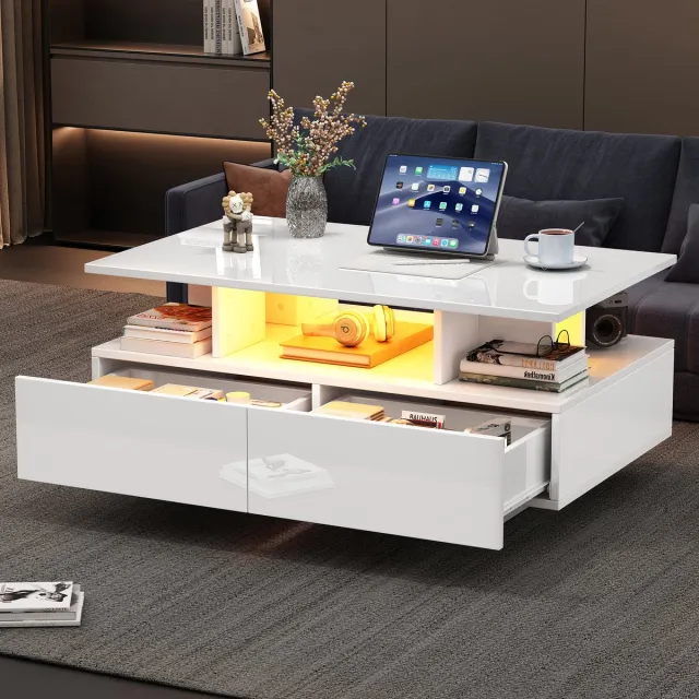 KOMHTOM Moderne hoogglans salontafel met ledverlichting en 2 lades – Stijlvolle bijzettafel van 90x55x41 cm met opbergruimte, draagvermogen tot 30 kg Wit