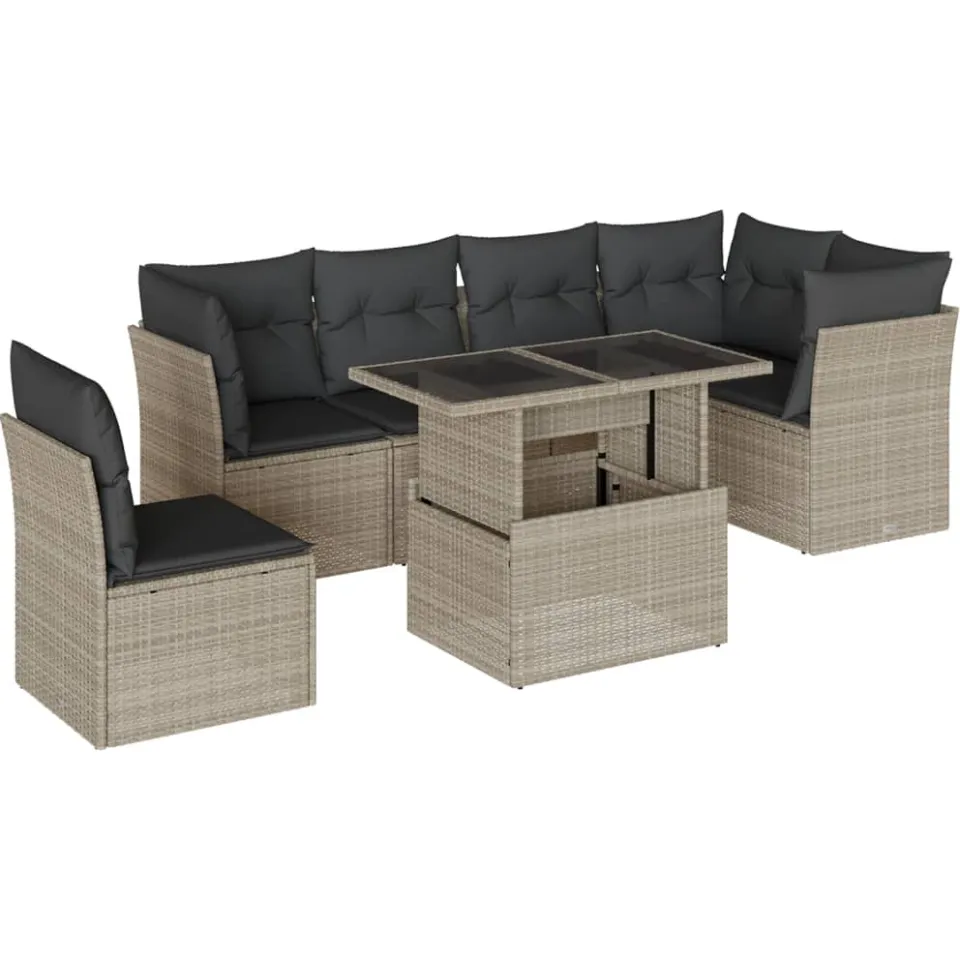 vidaXL 7-delige Loungeset met kussens poly rattan lichtgrijs grijs