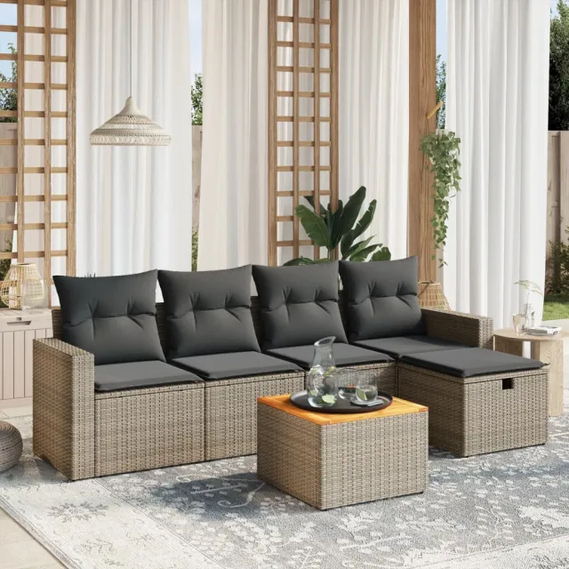 vidaXL 6-delige Loungeset met kussens poly rattan grijs, foto 2