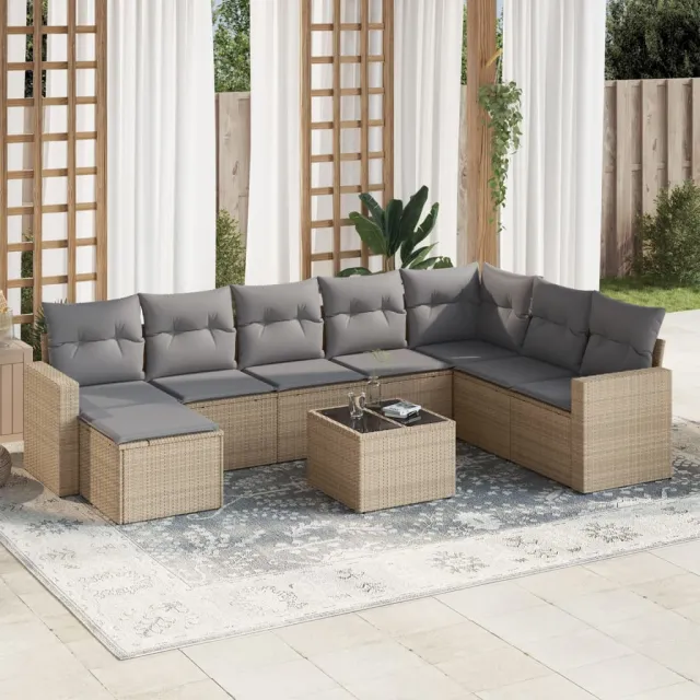 vidaXL 9-delige Loungeset met kussens poly rattan beige, foto 2