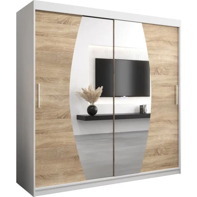 InspireME Kledingkast met 2 schuifdeuren, Modern-stijl, Een kledingkast met planken en een spiegel (BxHxD): 200x200x62 - GLOBE 200 Wit Mat + Sonoma Eik met 4 lades