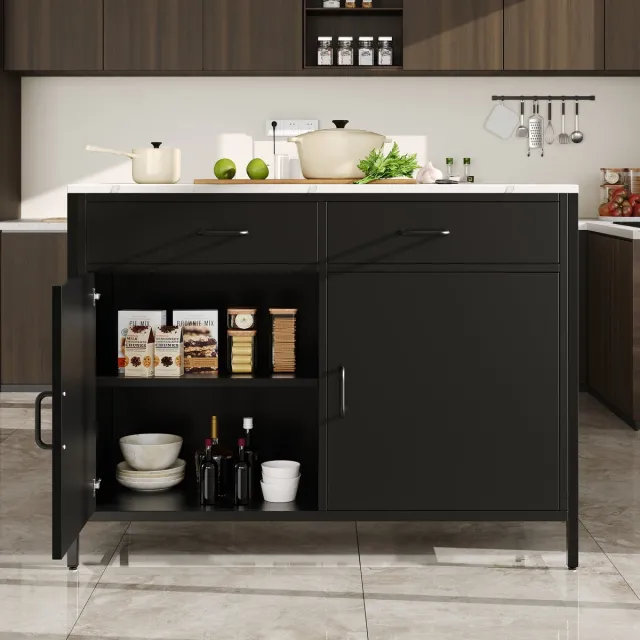Wishdor Bartafel met opbergruimte - Marmerlook blad - Twee lades en verstelbare plank - Modern - Keuken en eetkamer - Houtlook en metaal - Zwart - 100 x 90 x 90 cm