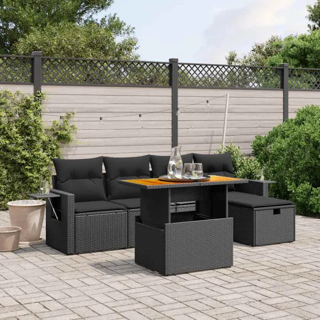 vidaXL 6-delige Loungeset met kussens poly rattan zwart, foto 2