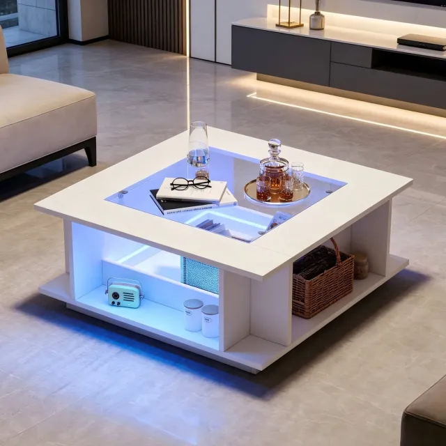 OKWISH Salontafel - Vierkant Met Glazen Tafelblad En LED-Verlichting - Woonkamer - Hoogglans Spaanplaat Wit - 70x70x30 cm