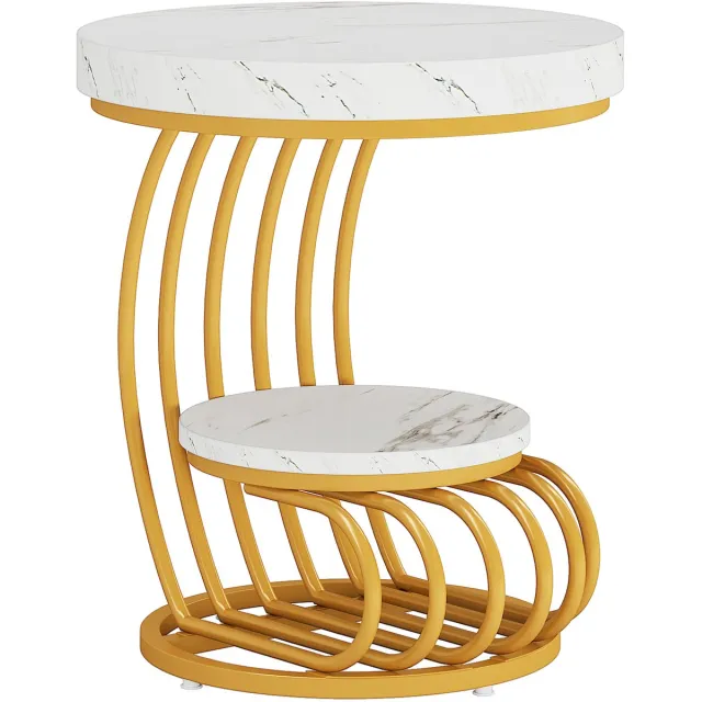 DMG Supply Bijzettafel Rond - 2 Lagen - Kunstmarmerlook - 50 x 50 x 63 cm - Wit en Goud - Spaanplaat en Metaal