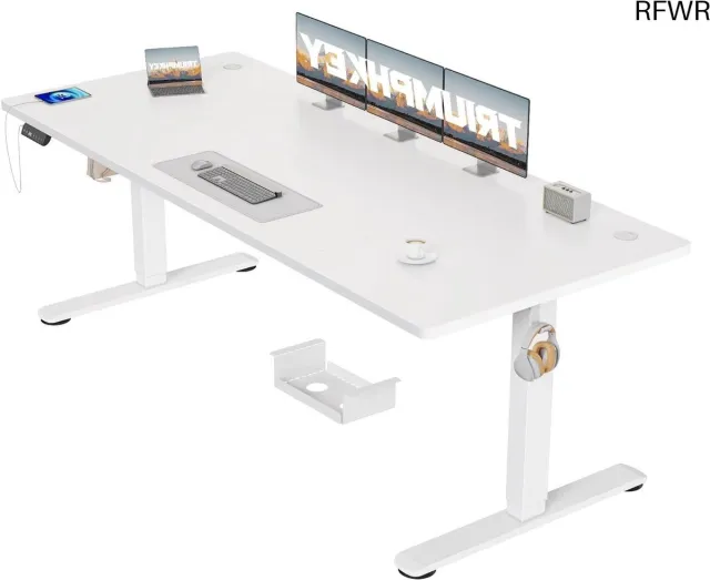 RFWR Verstelbaar Elektrisch Bureau met USB Oplaadpoort, 200 x 80 cm, Sta Bureau met 3 Geheugeninstellingen, Antibotsingssysteem, Wit