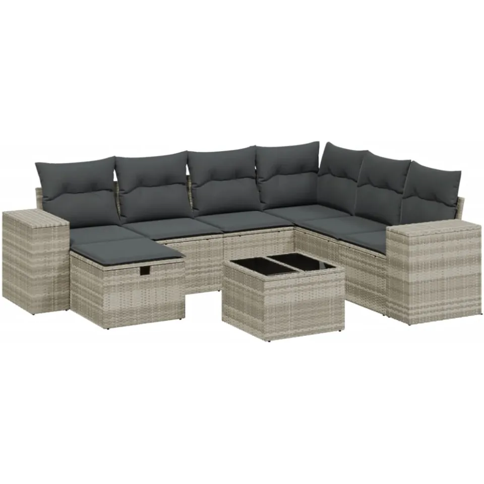 vidaXL 8-delige Loungeset met kussens poly rattan lichtgrijs