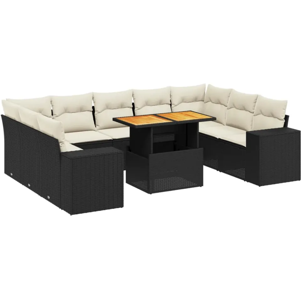 vidaXL 10-delige Loungeset met kussens poly rattan zwart