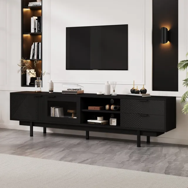 HAUSS SPOLE TV meubel - Modern lowboard met 2 deuren en 2 lades - Groot opbergmeubel voor TV tot 80 inch - Voor woonkamer, eetkamer en slaapkamer - 200x40x50,5 cm - Spaanplaat + gehard glas - Zwart