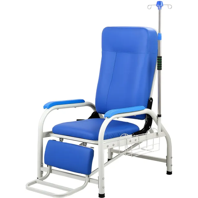 Vevor Medische Stoel met Infuusstandaard, Draagvermogen 181 Kg, Stalen Constructie, 90-160° Verstelbaar, met Gewatteerde Zitting, Voetensteun en Opbergmand, voor Ziekenhuizen en Verpleeghuizen Blauw