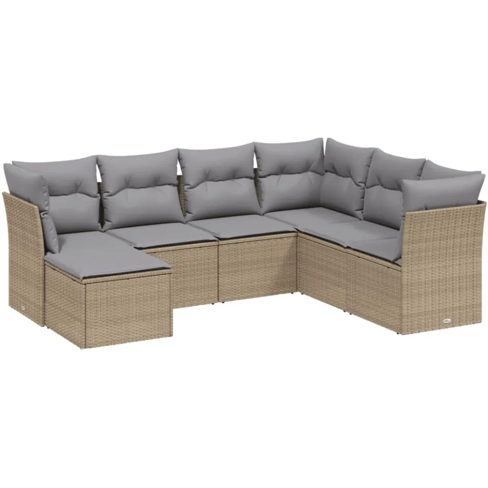 vidaXL 7-delige Loungeset met kussens poly rattan gemengd beige, foto 3