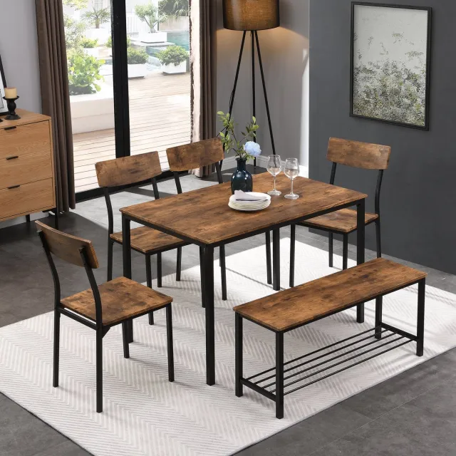 Clruro Tuinmeubelset - 6-delig - Houten Tafel + Stalen Frame + Bank - Industrieel Design - Hout & Staal - Bruin