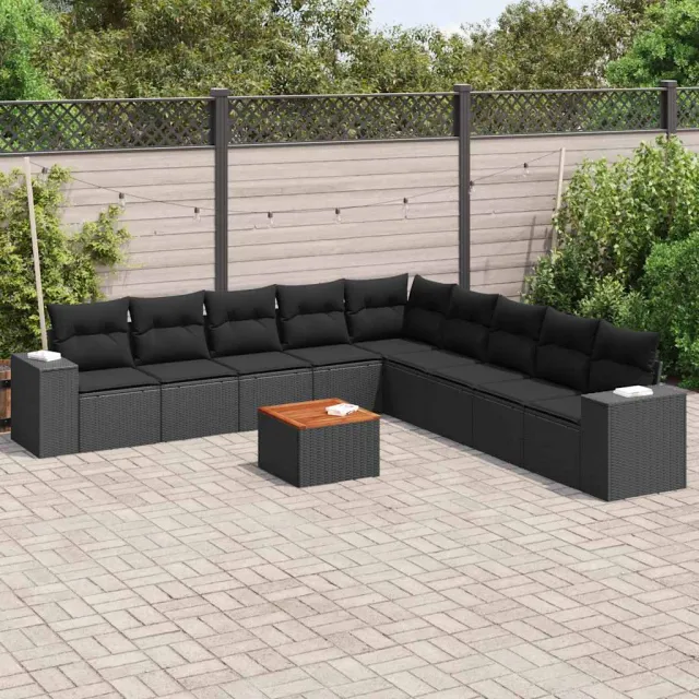 vidaXL 10-delige Loungeset met kussens poly rattan zwart, foto 2