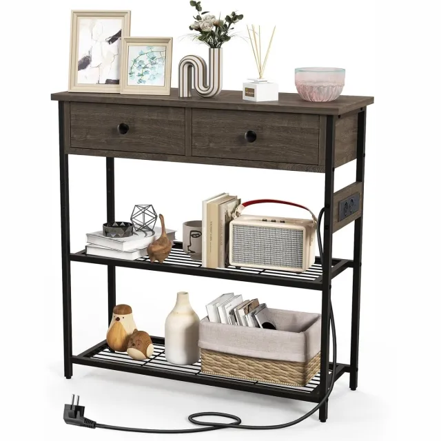Costway Consoletafel met laadstation, haltafel met 2 laden en 2 metalen roosterplanken, met stopcontacten en USB & TypeC-aansluitingen, bijzettafel vintage Grijs