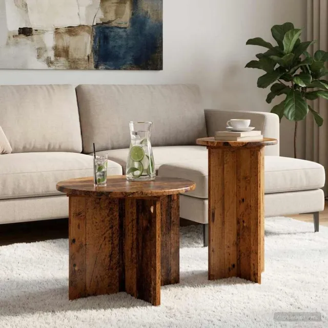 vidaXL Bijzettafelset 2 st Oud hout Ø 45 x 35 cm Bewerkt hout Bruin