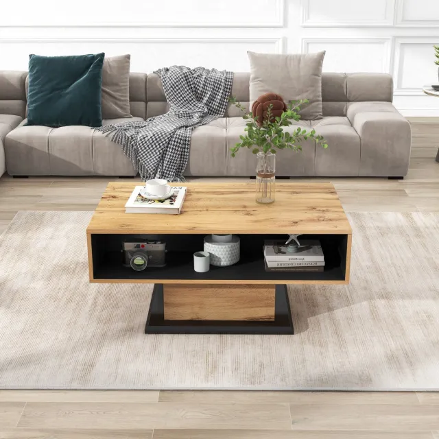 MODFU Salontafel Houten Nerf met Griffeloze Lade, Doppelseidig Opbergruimte, voor Woonkamer en Kantoor Natuurlijk