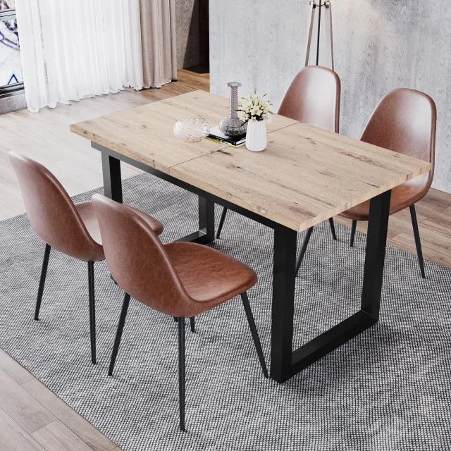 FloraGrace Eettafel - Uitschuifbaar Industrieel Design - Voor Eetkamer En Keuken - MDF En Metaal - 140 Tot 180x80x75 cm - Zwart Naturel Natuurlijk
