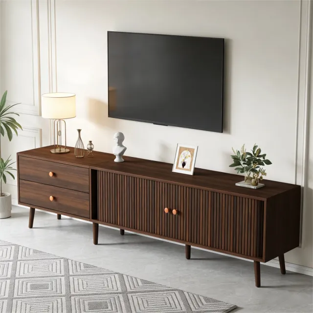 MIVRAY Tv Meubel - 2 Laden En 2 Roldeuren - Voor Woonkamer En Televisies Tot 80 Inch - MDF - Walnootkleur - 180x40x46,5 Cm