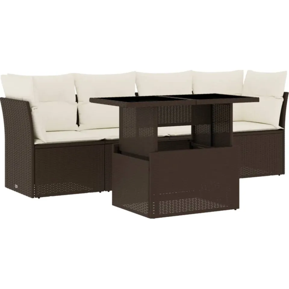 vidaXL 5-delige Loungeset met kussens poly rattan bruin, foto 3