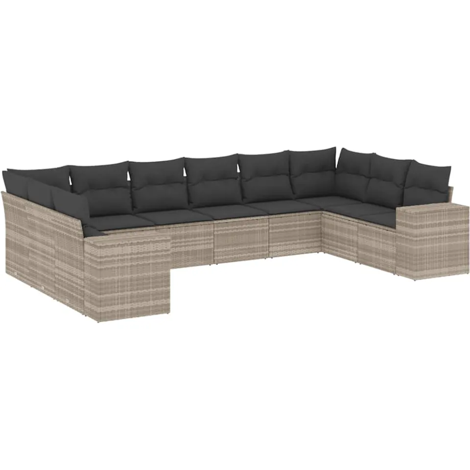 vidaXL 10-delige Loungeset met kussens poly rattan lichtgrijs grijs, foto 3