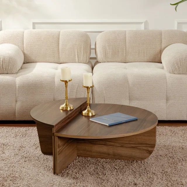 Vente-unique Dimehouse Salontafel Rond 85 cm Naturel Walnoot Melamine Orin - 30x85x30 cm - Hout - Japandi - Ovaal