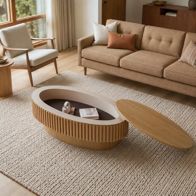 MODFU Salontafel - Verborgen Opbergruimte - Geribbeld - Modern - Fineer - Naturel - 98 Cm Naturel hout