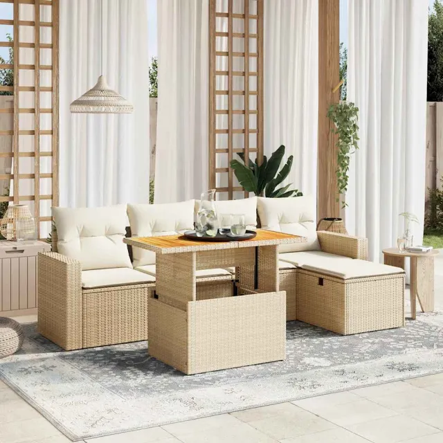 vidaXL 6-delige Loungeset met kussens poly rattan beige, foto 2