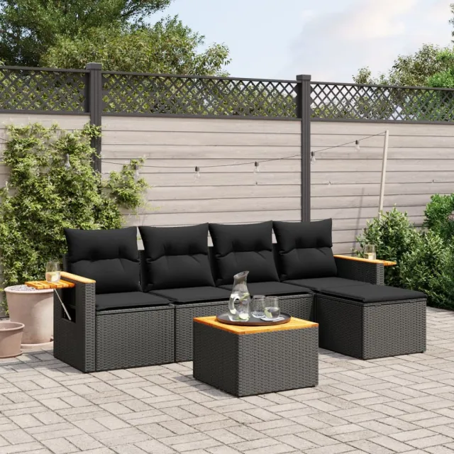 vidaXL 6-delige Loungeset met kussens poly rattan zwart, foto 2