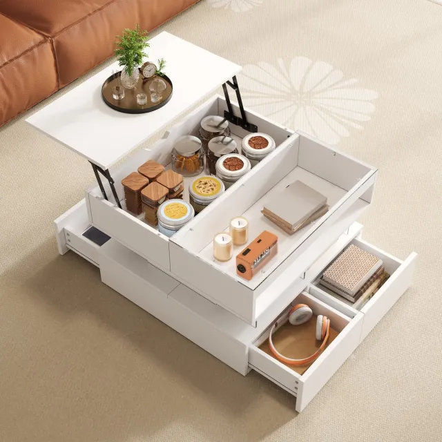 STILVORA Salontafel - In Hoogte Verstelbaar Met Ledverlichting En Opbergruimte - Voor Woonkamer - Spaanplaat - Wit - 70x67x57 Cm