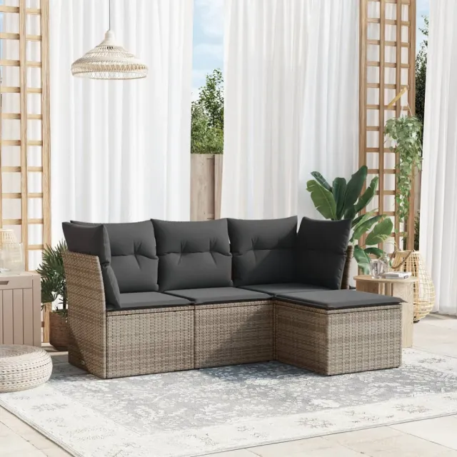 vidaXL 4-delige Loungeset met kussens poly rattan grijs, foto 2