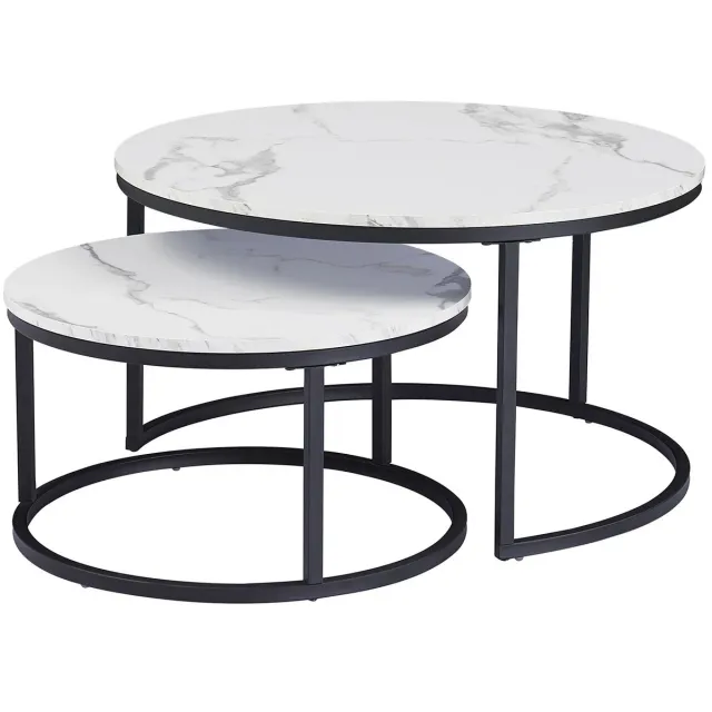 Allero Salontafel - Salontafel Rond - 40 cm - 60 cm - 2 Stuks - Salontafels - Marmeren Salontafels - Metalen Onderstel - Wit Blad Wit met grijs marmer effect