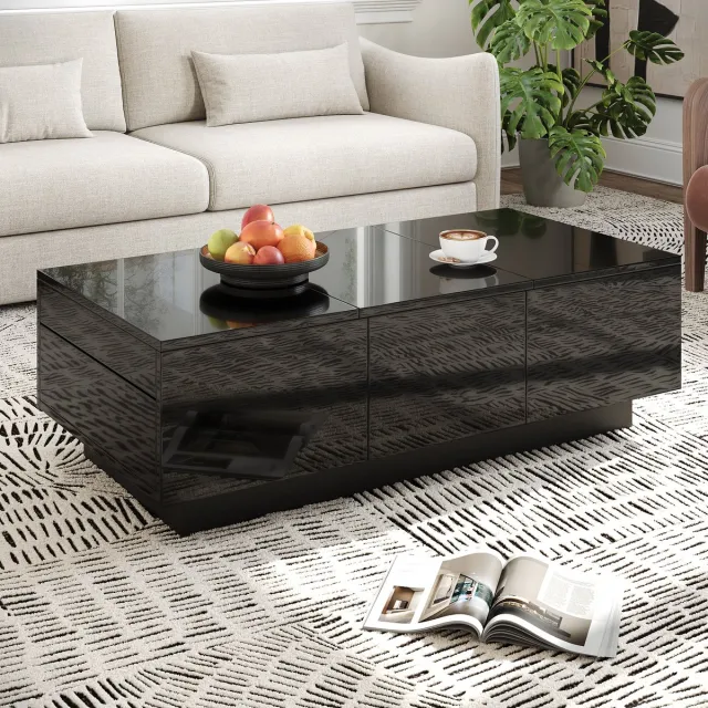 COVREO Salontafel 100x50x31 cm – zwart, hoogglans, met 2 lades en schuifbare opbergruimte