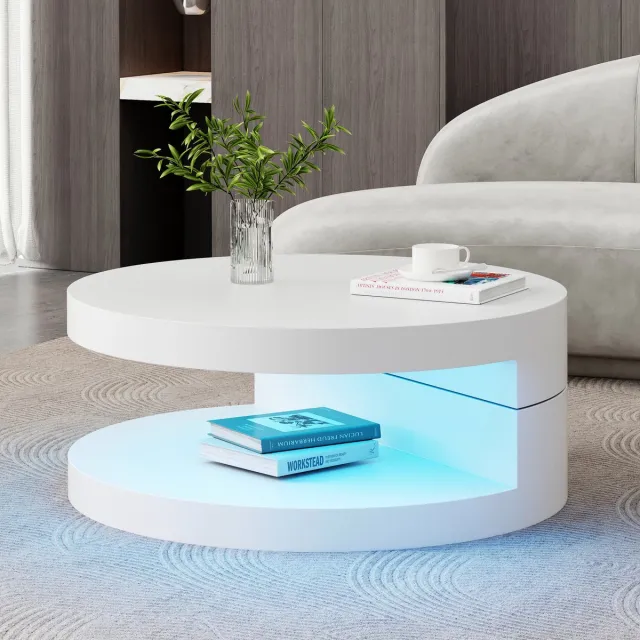 HAUSS SPOLE Salontafel - Draaibaar Tafelblad Met LED - Voor Woonkamer - MDF - 70 x 70 x 35,5 cm - Wit